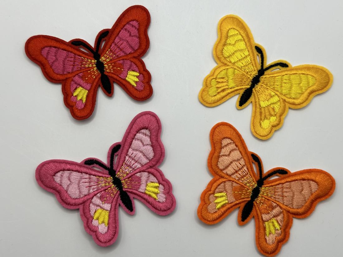 Bright Butterflies Red Yellow Cerise &amp; Orange Iron On or Sew on Embroidered Fabric Motif