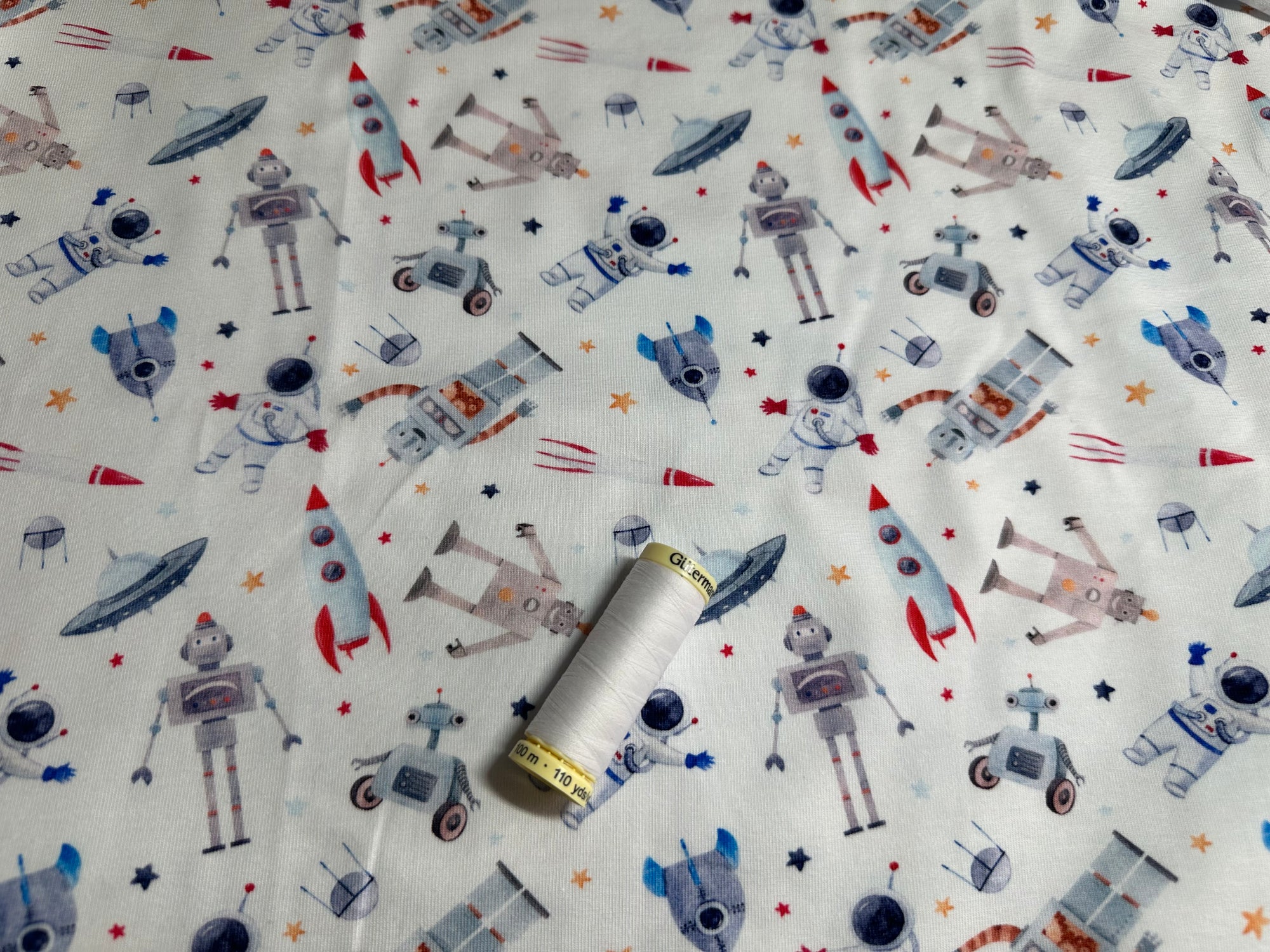 Remnant Space Robots Design on White Printed Jersey