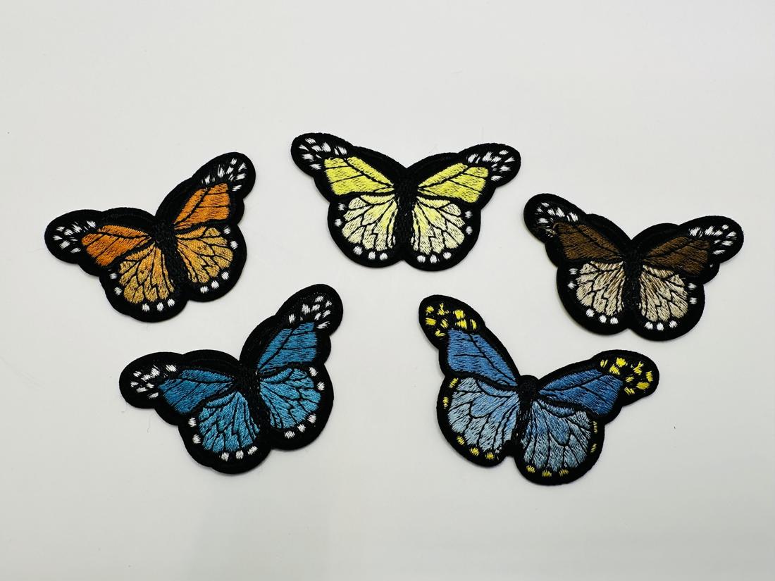 Pretty Butterflies Yellow Orange Brown &amp; Turquoise Iron On or Sew on Embroidered Fabric Motif