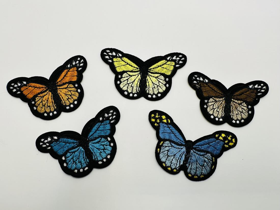 Pretty Butterflies Yellow Orange Brown & Turquoise Iron On or Sew on Embroidered Fabric Motif