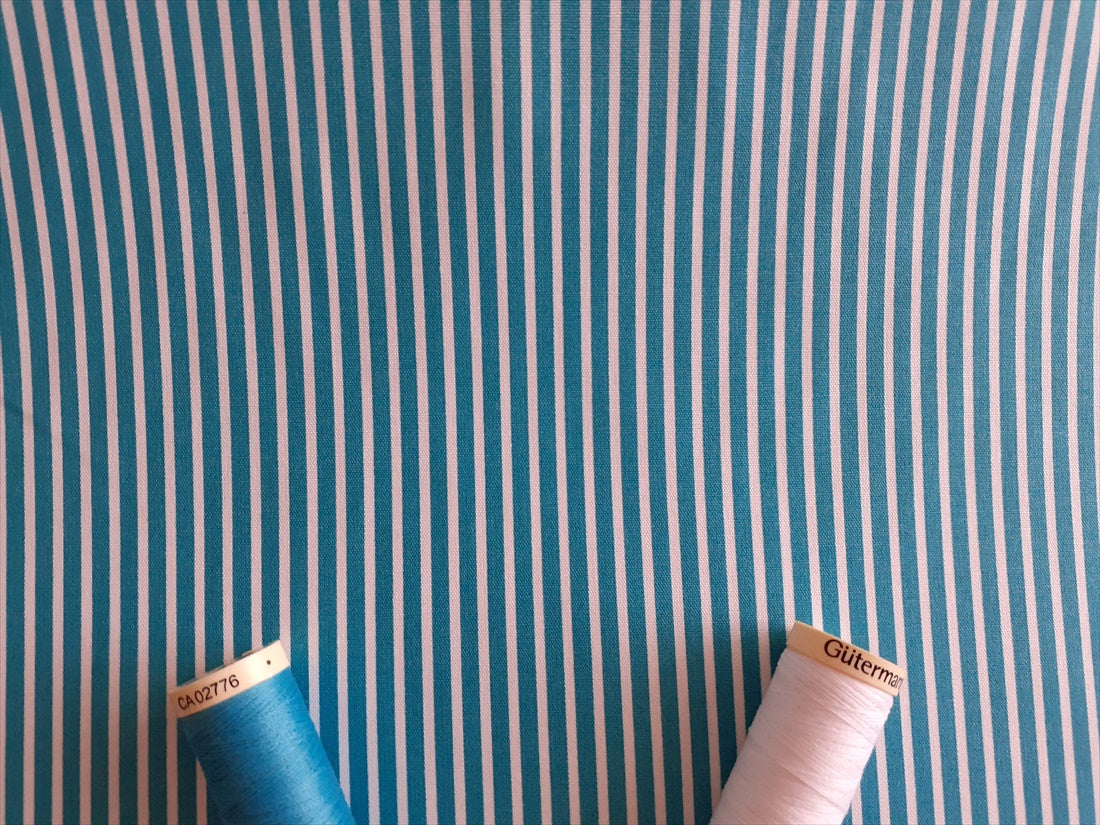 Candy Stripe 2mm White on a Turquoise Background 100% Cotton