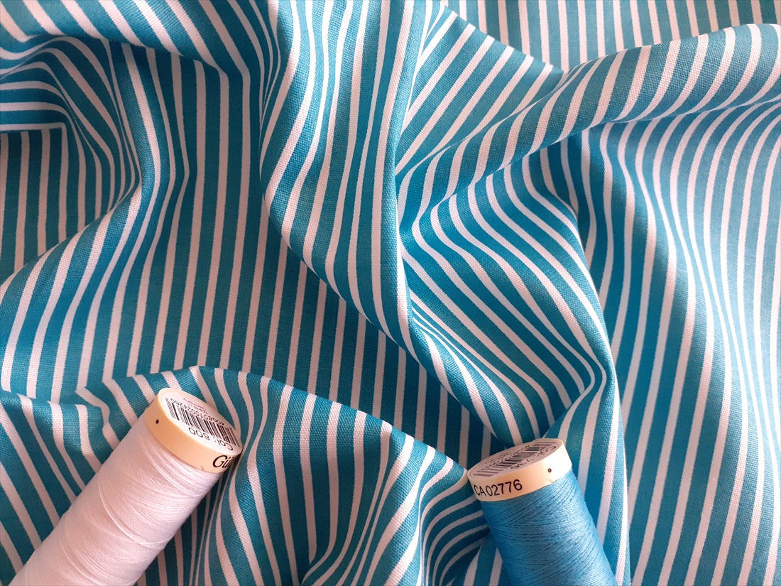 Candy Stripe 2mm White on a Turquoise Background 100% Cotton