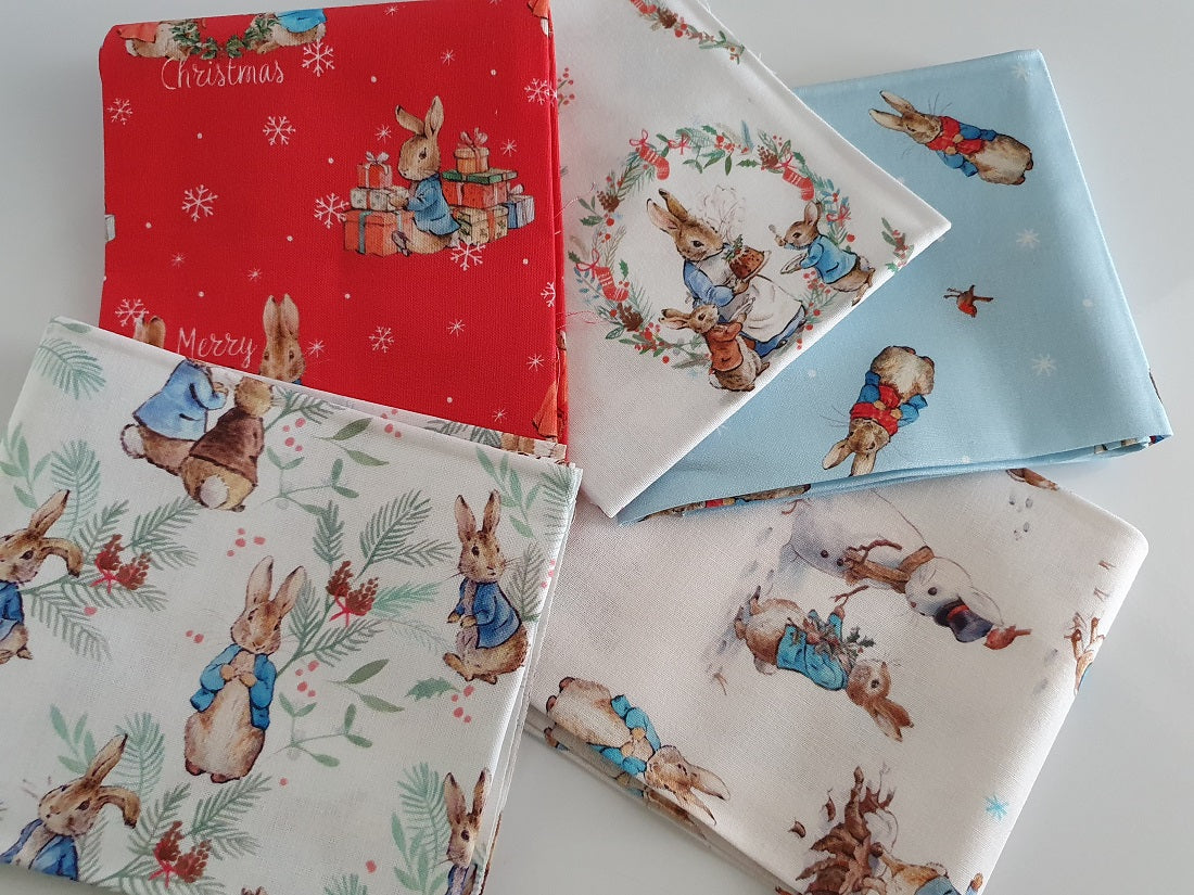Christmas Beatrix Potter Peter Rabbit &amp; Family Christmas Traditions Fat Quarter Bundle Licensed 100% Cotton