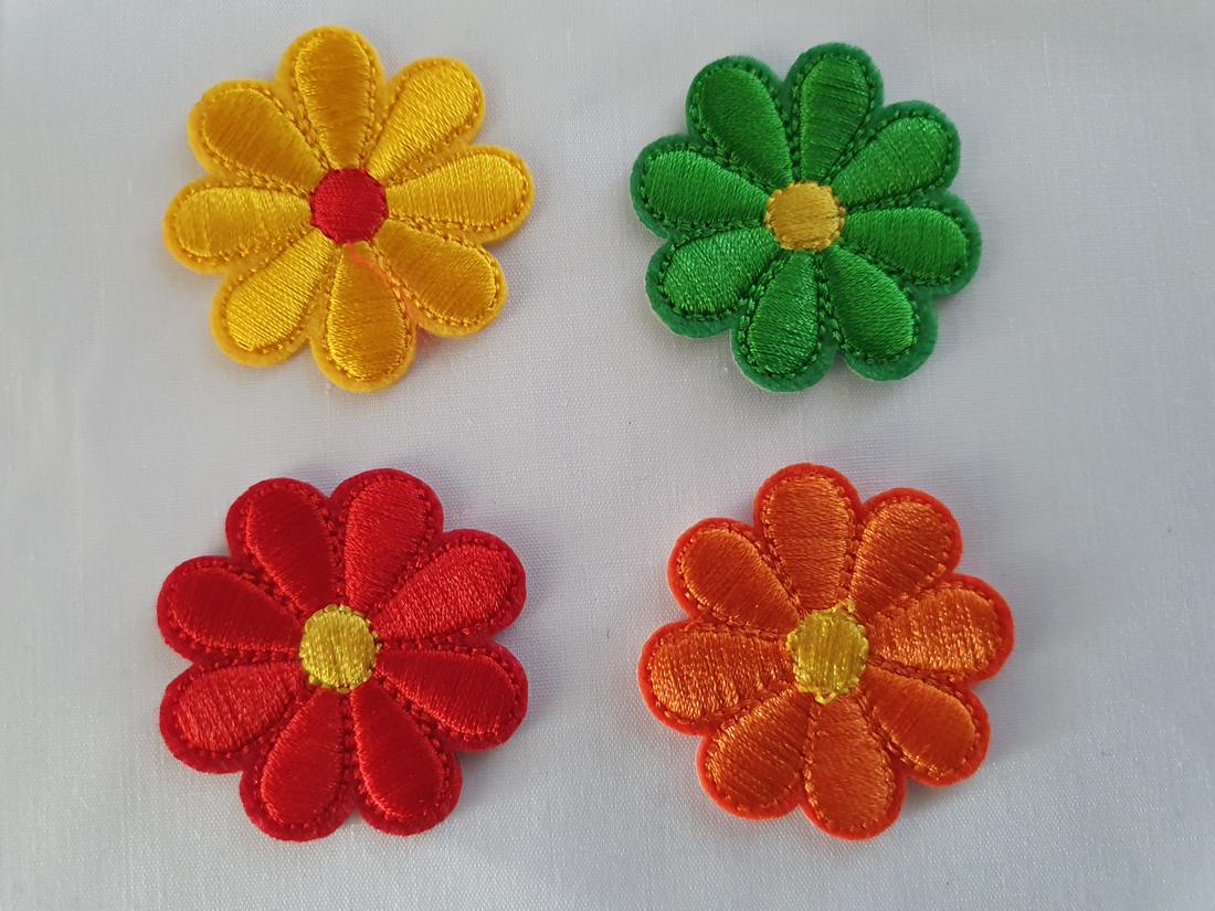 Daisies Yellow Green Red &amp; Orange Iron On or Sew on Embroidered Fabric Motif