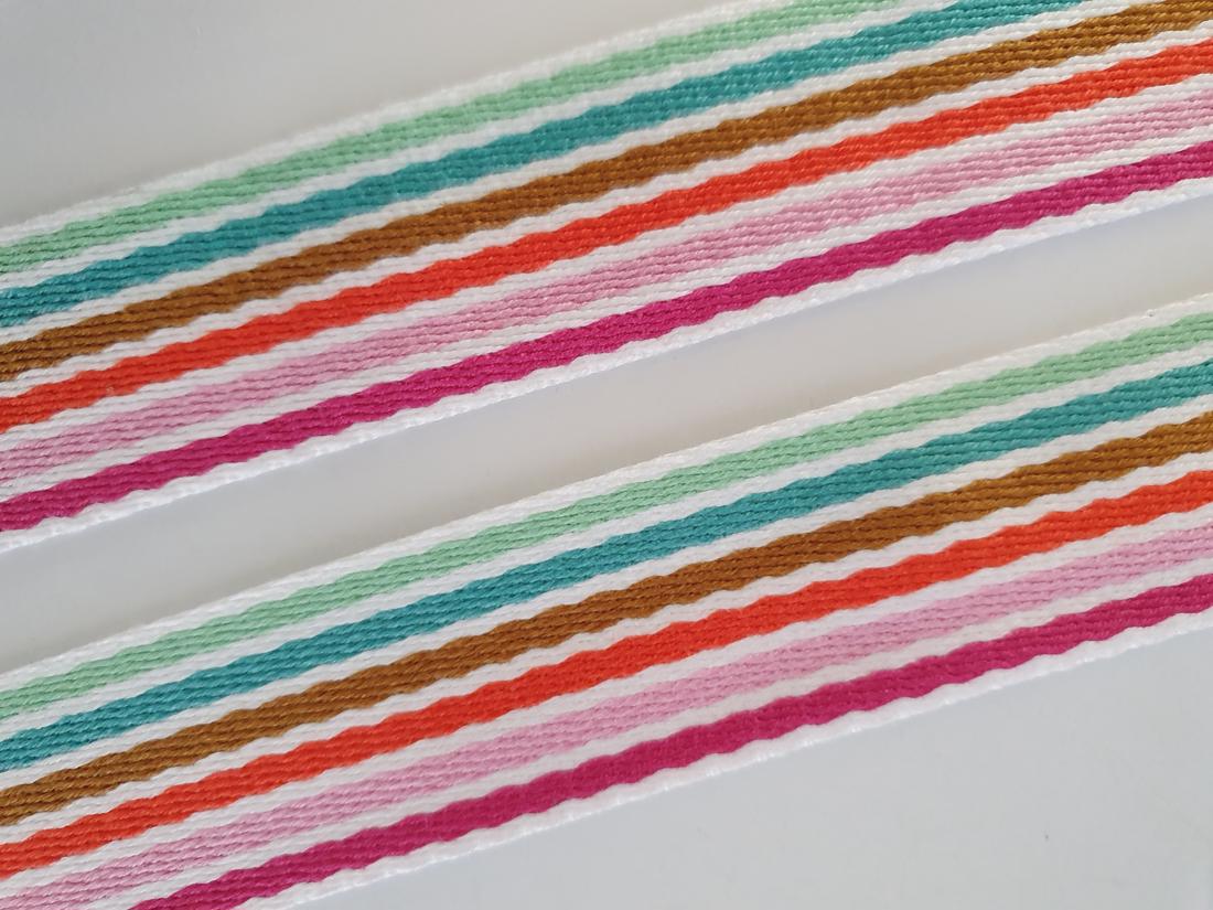 Bright Rainbow & White Stripe Webbing Cotton Acrylic Mix 38mm wide