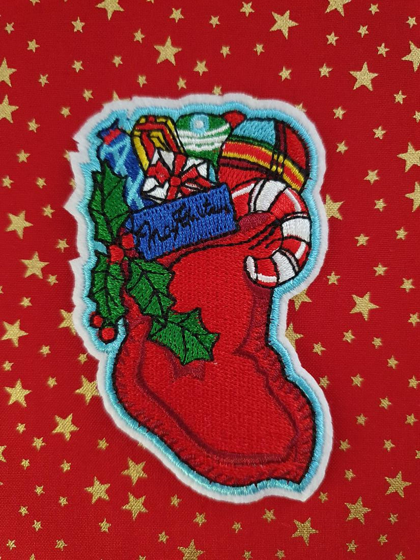 Christmas Stocking &amp; Toys Iron On or Sew on Embroidered Fabric Motif