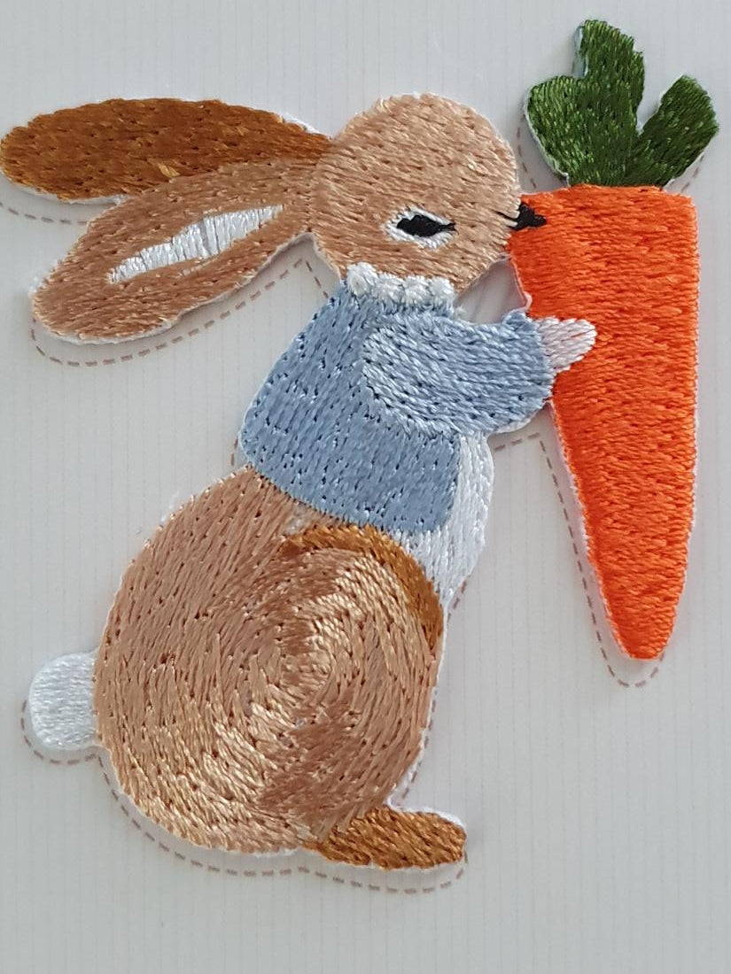 Cute Little Bunny Rabbit With Carrot Iron On or Sew on Embroidered Fabric Motif
