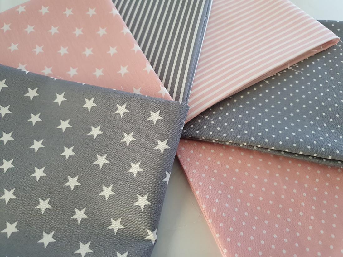 Stars Stripes & Pin Spots Pink & Grey Mix Fat Quarter Bundle 100% Cotton