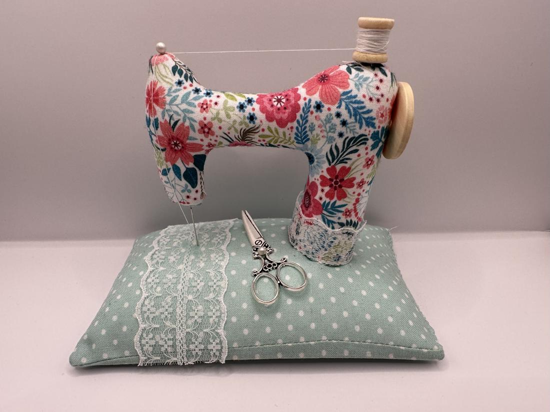 Sewing Machine Pin Cushion Teal &amp; Pink Floral Designed by Jane O&#39;Connell