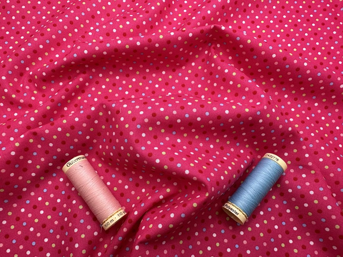 Polka Dots 2mm Multi Colors on a Hot Pink Background 100% Cotton
