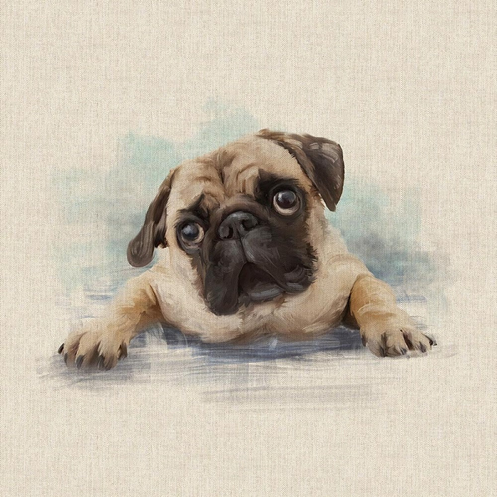 Pop Art Prints Linen Digital Panel Pug Dog on a Natural Background 45cm x 45cm (18”x18”) 80% Cotton 20% Polyester