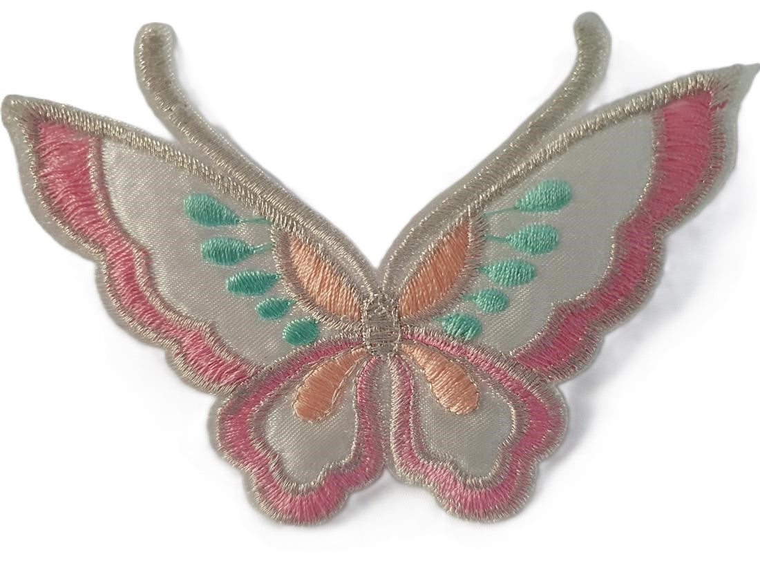 Beautiful Butterfly Pink &amp; Aqua Iron On Embroidered Fabric Motif