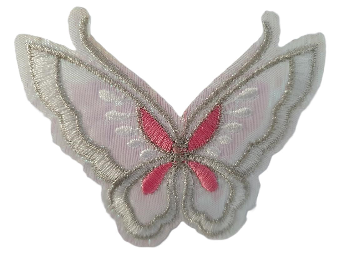 Beautiful Butterfly Pink &amp; Silver Iron On Embroidered Fabric Motif