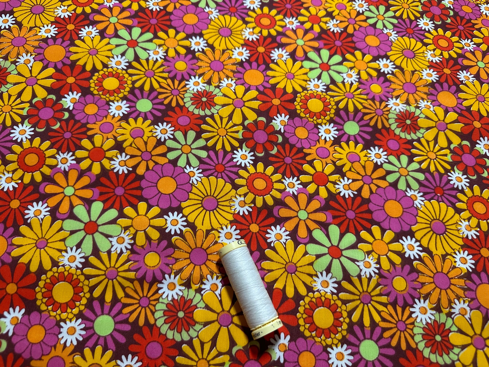 Retro Multi Floral Mix on a Wine Background Poly Cotton