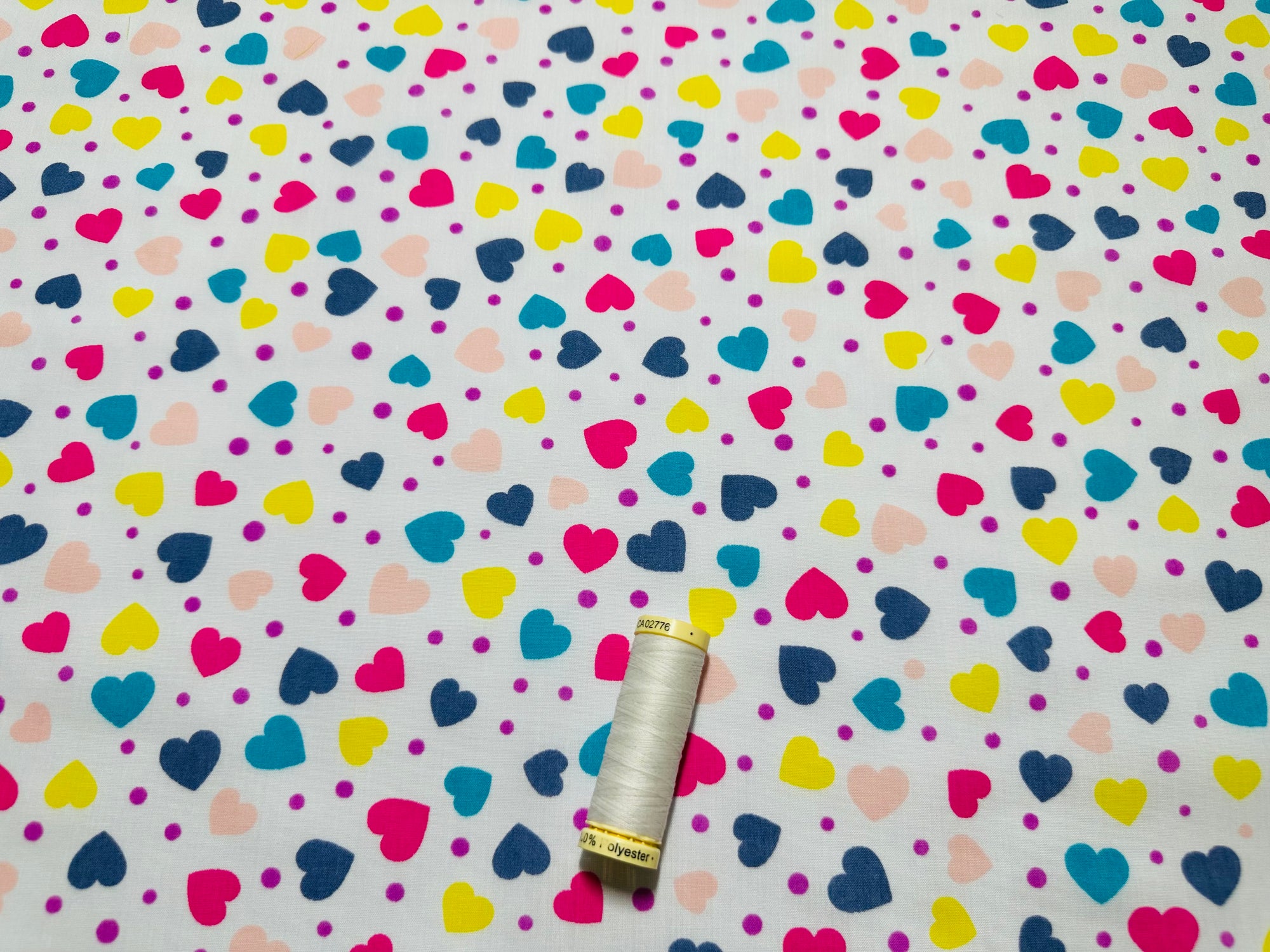 Bright Hearts & Polka Dots on a White Background Poly Cotton