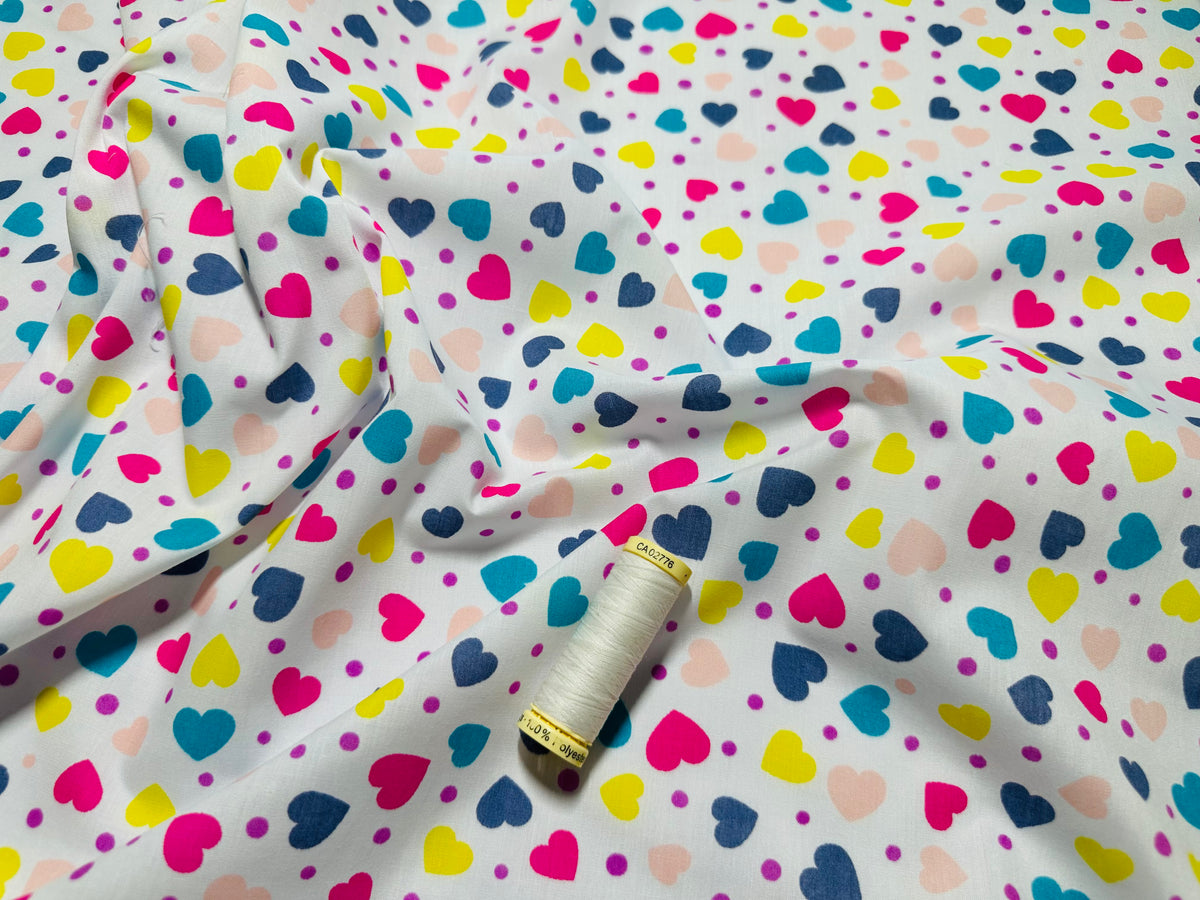 Bright Hearts &amp; Polka Dots on a White Background Poly Cotton