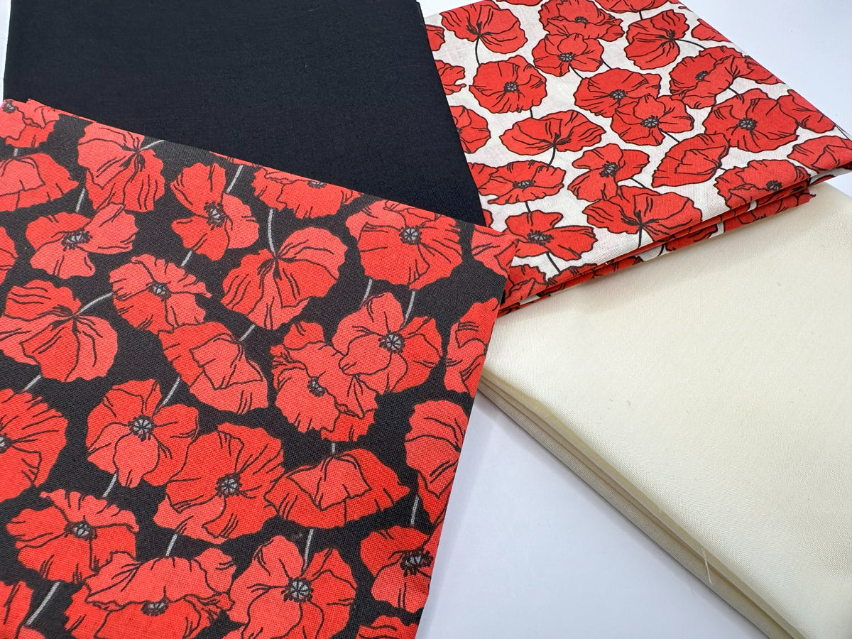 Field of Poppies &amp; Plain Mix Fat Quarter Bundle Poly Cotton