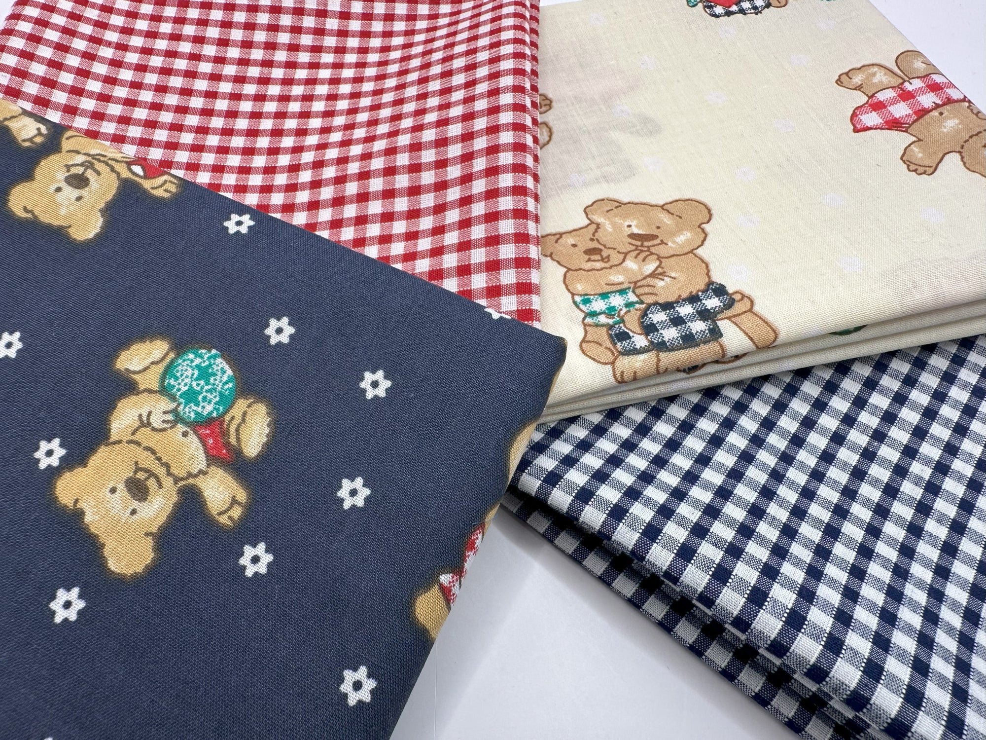 Cute Little Teddy Bears & Gingham Mix Fat Quarter Bundle Poly Cotton