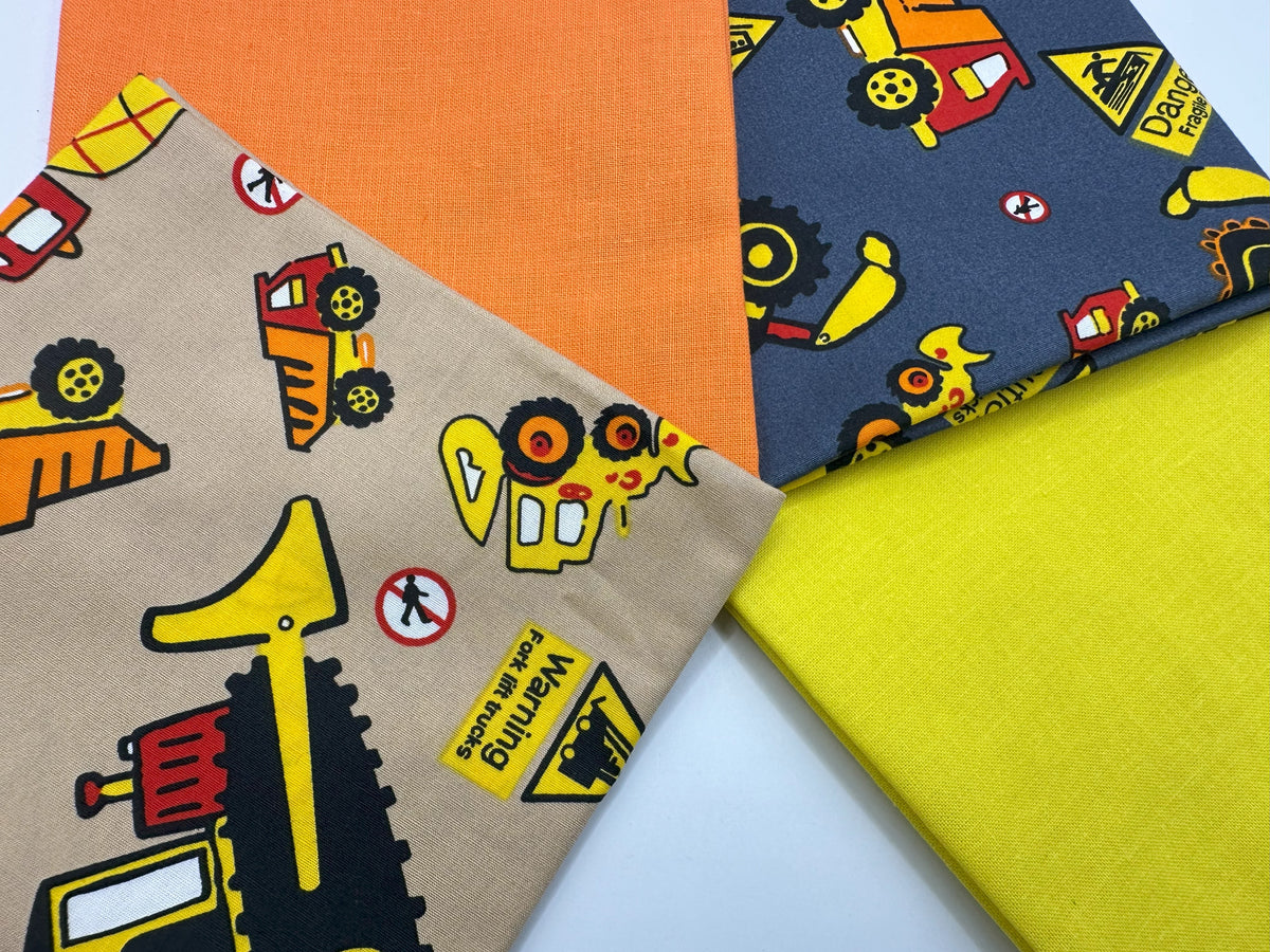 Diggers Roadworks &amp; Plain Mix Fat Quarter Bundle 100% Cotton