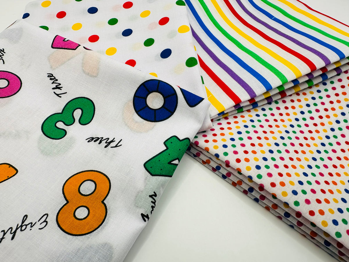 Multi Color Numbers Polka Dots Stripes &amp; Spots Fat Quarter Bundle Poly Cotton