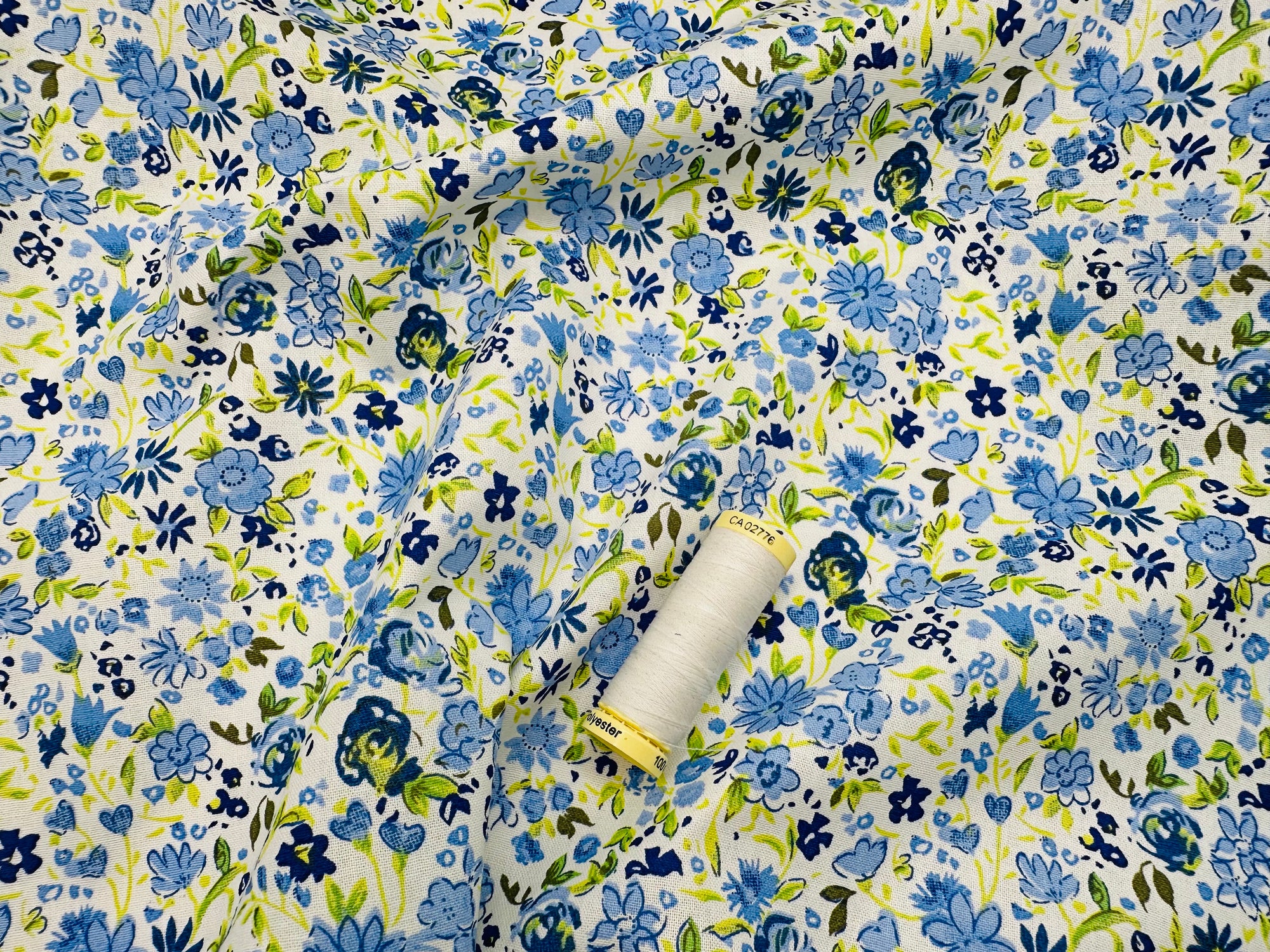 Painted Flowers Shades of Blue & Green 100% Cotton