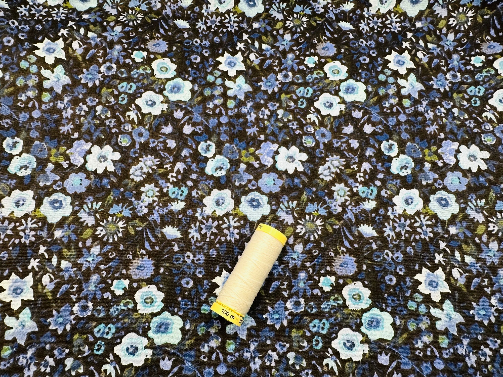 Painted Flowers Shades of Blue 100% Cotton