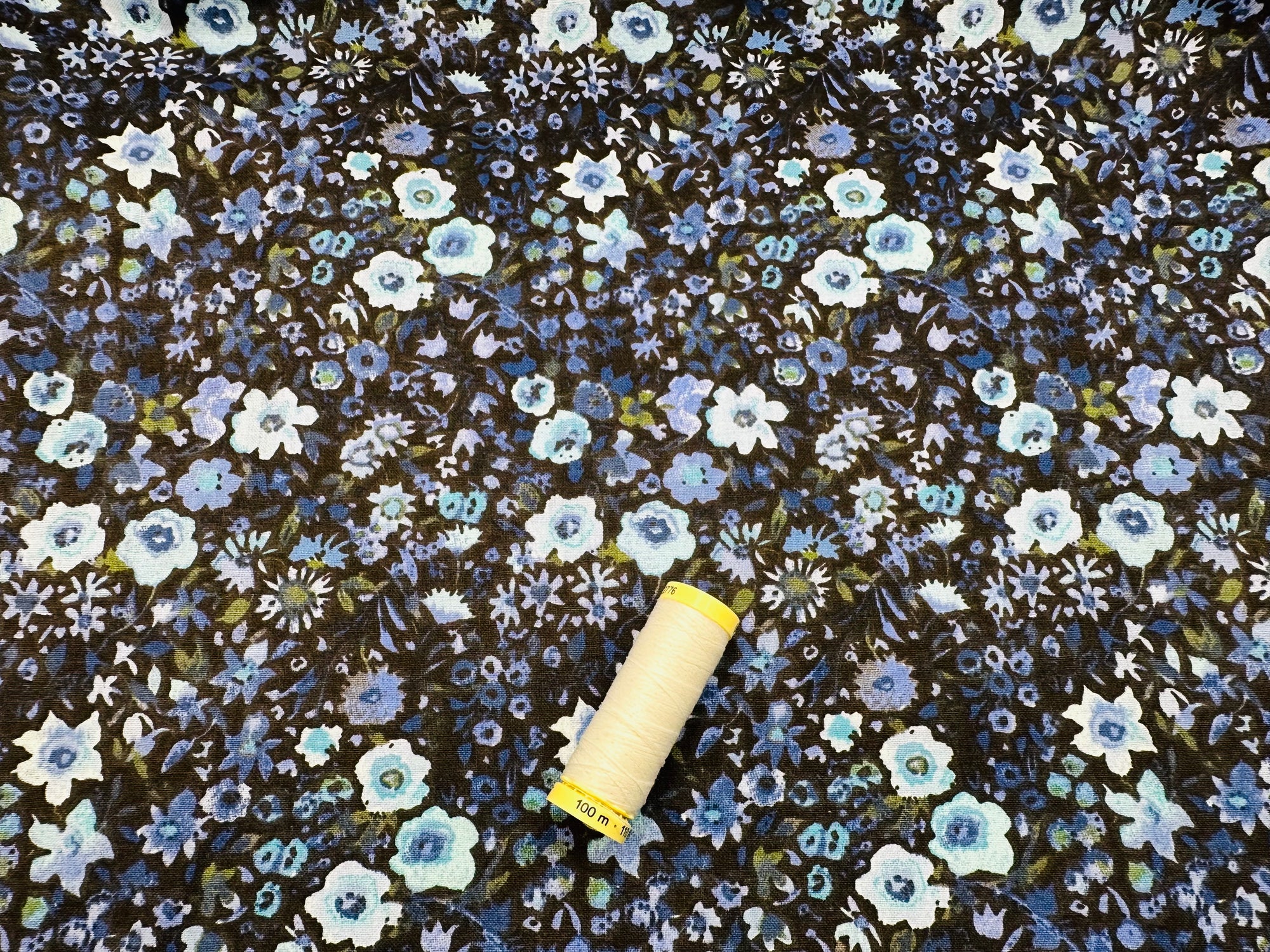 Painted Flowers Shades of Blue 100% Cotton