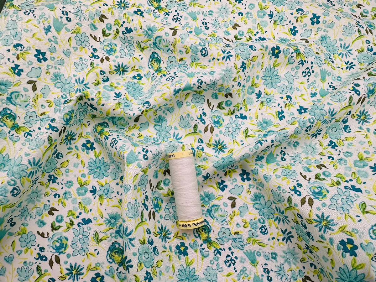 Painted Flowers Shades of Teal &amp; Mint 100% Cotton