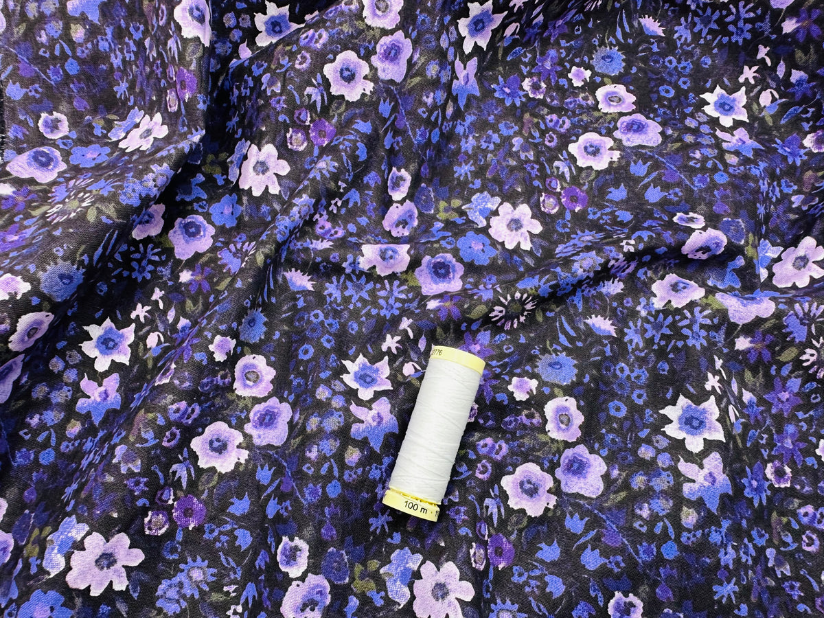 Painted Flowers Shades of Lilac &amp; Purple 100% Cotton