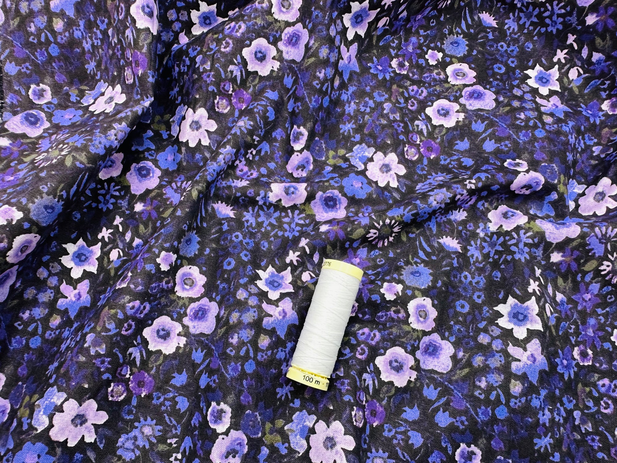 Painted Flowers Shades of Lilac & Purple 100% Cotton