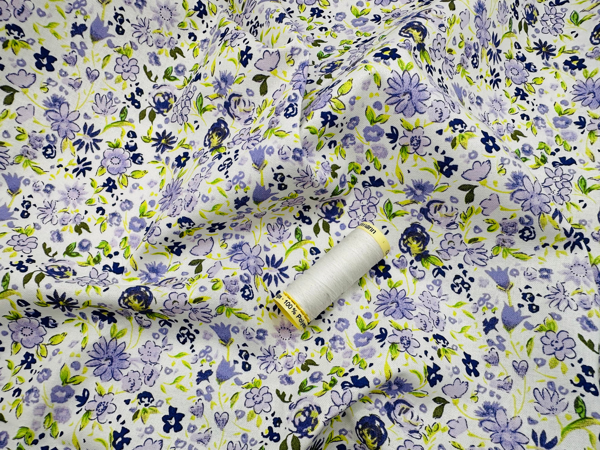 Painted Flowers Shades of Purple &amp; Lilac 100% Cotton