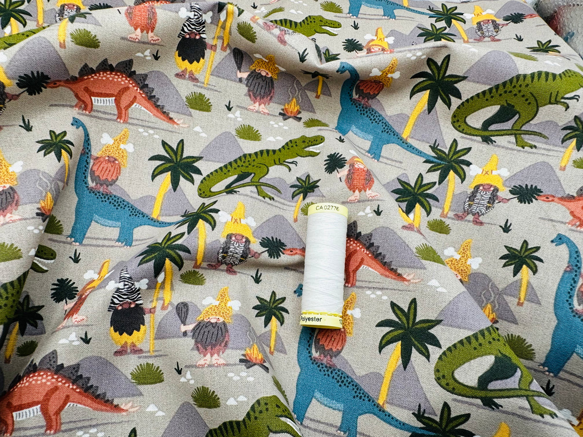 Gnomes and Dinosaurs on Grey 100% Cotton