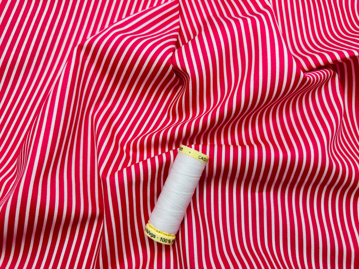 Candy Stripe 2mm White on a Cerise Pink Background 100% Cotton