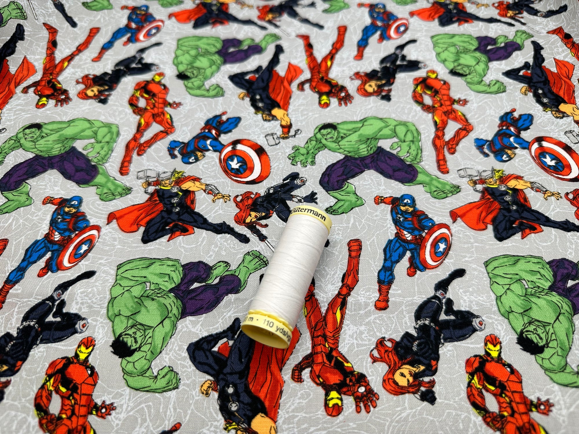 Marvel Comic Heroes on Line Art Grey - Licensed 100% Cotton