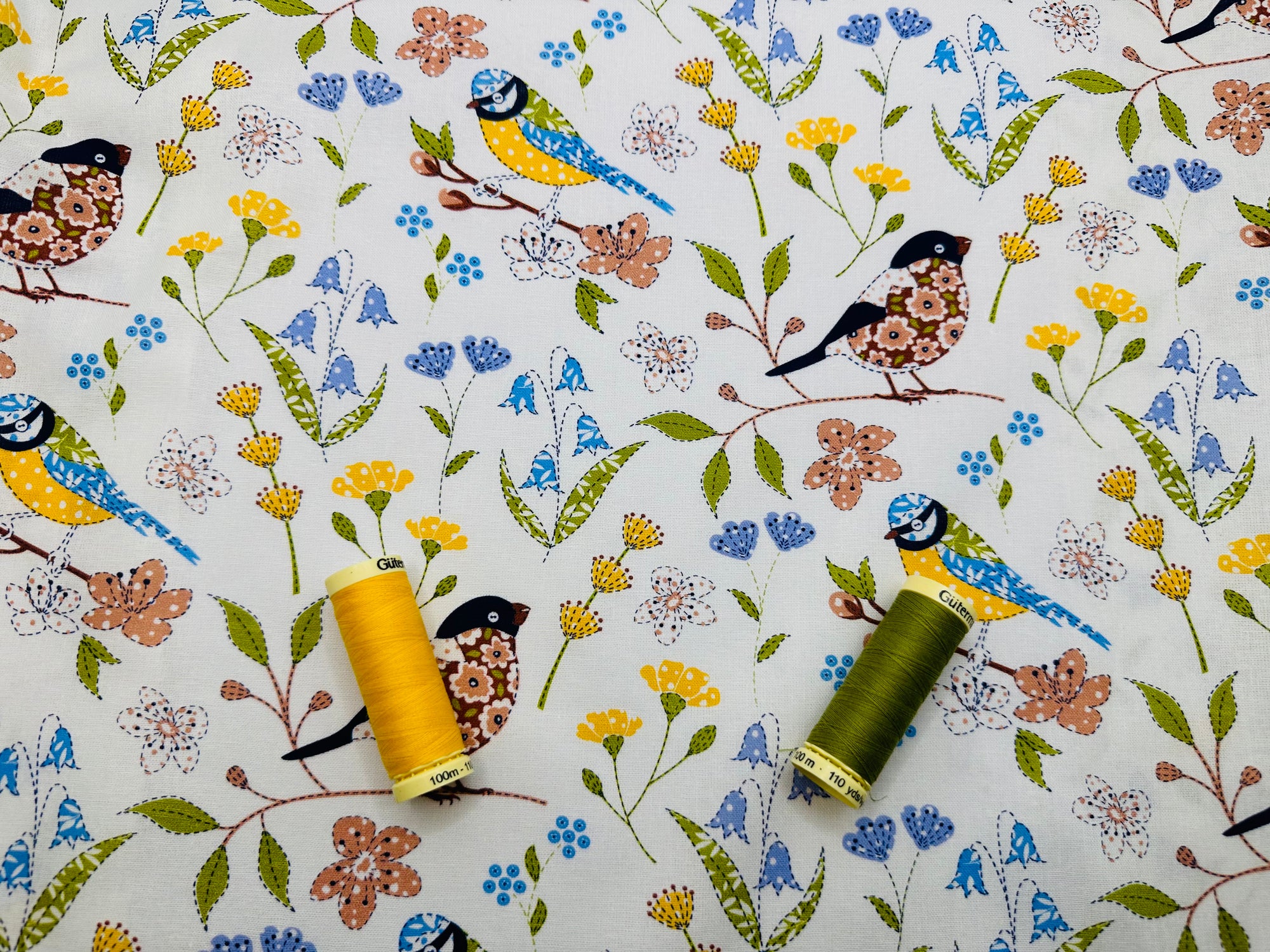 Patchwork Birds & Flowers on Ivory 100% Cotton