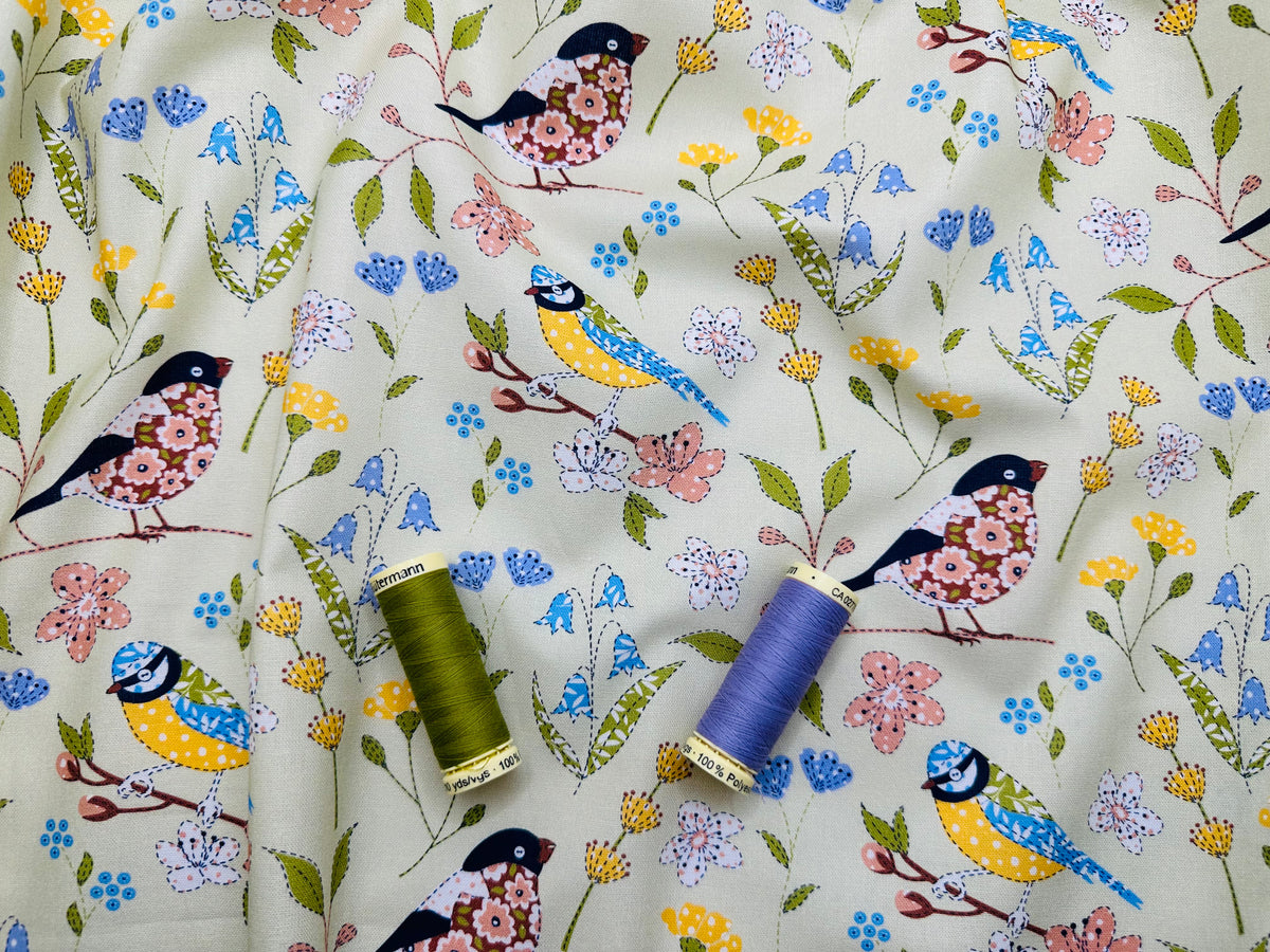 Patchwork Birds &amp; Flowers on Pale Green 100% Cotton