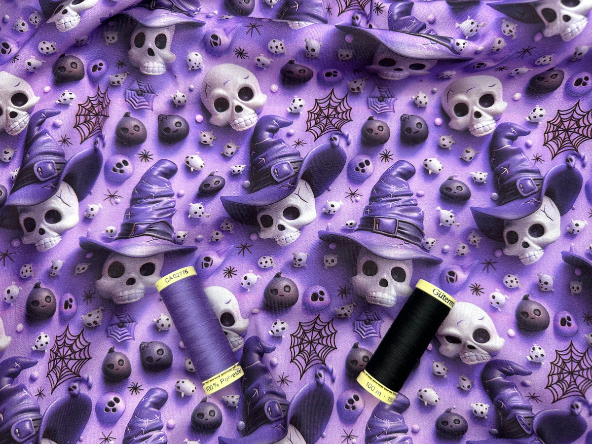 Halloween Witches Hats Skulls &amp; Spiders 100% Cotton 3D Effect Digital Print