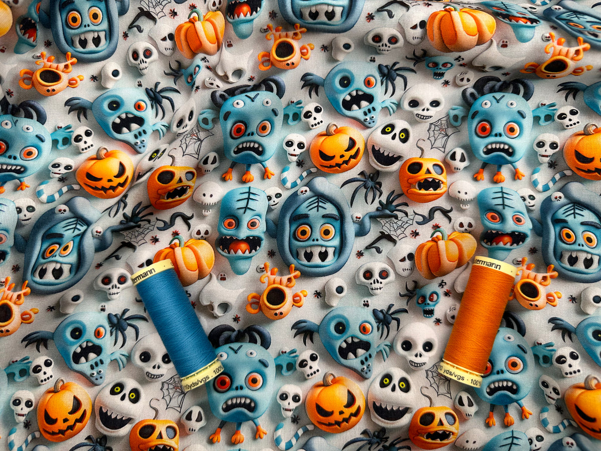 Halloween Funny Scary Spiders Skulls &amp; Pumpkins 100% Cotton 3D Effect Digital Print