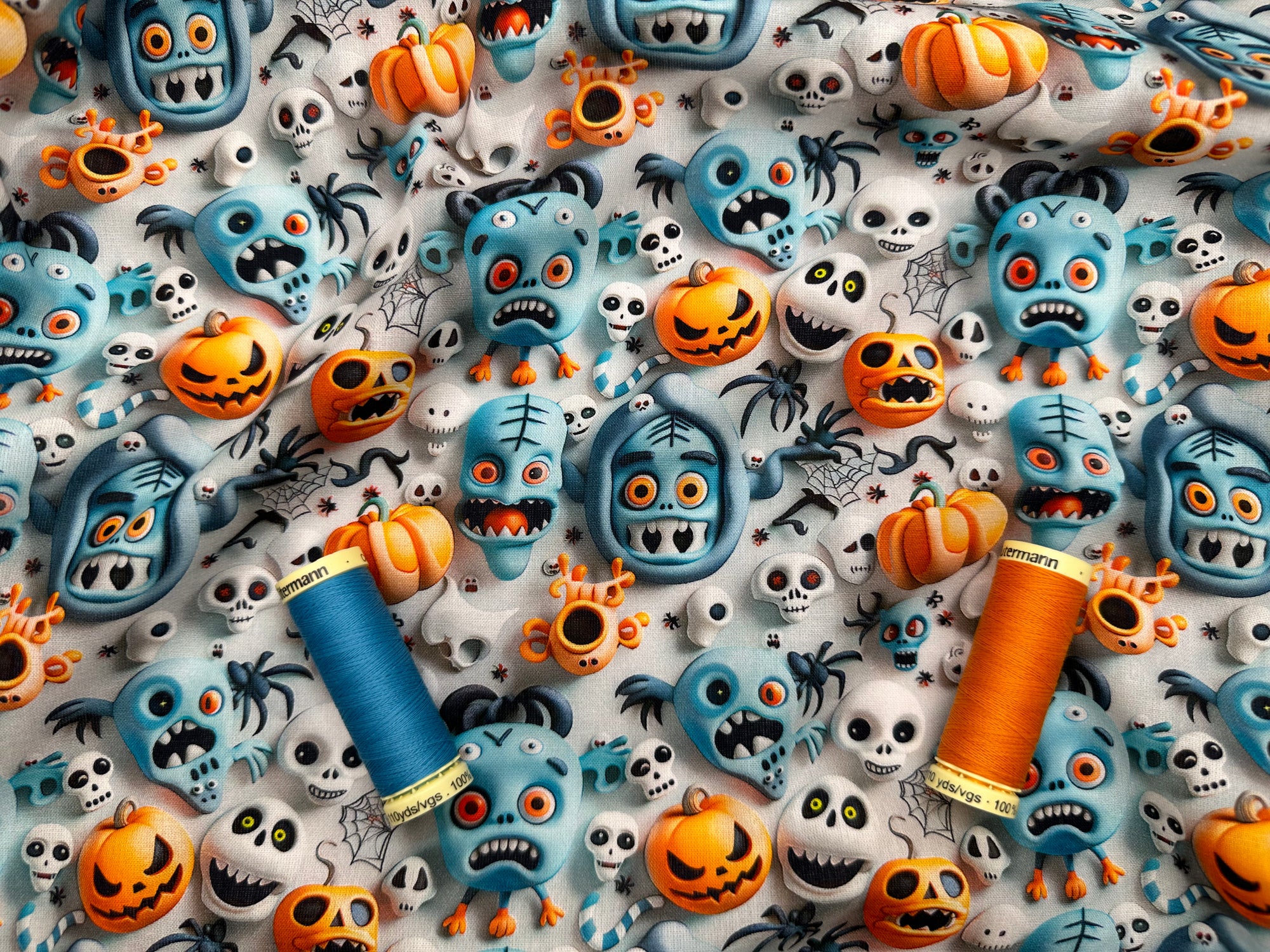 Halloween Funny Scary Spiders Skulls & Pumpkins 100% Cotton 3D Effect Digital Print