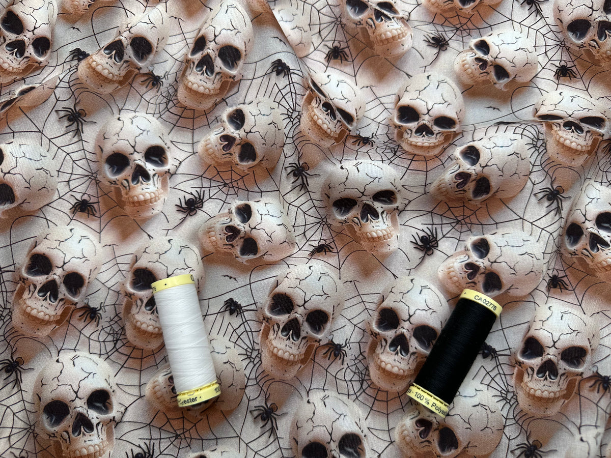 Halloween Skulls &amp; Spiders 100% Cotton 3D Effect Digital Print