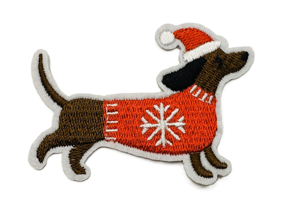 Christmas Dachshund Iron On or Sew on Embroidered Fabric Motif