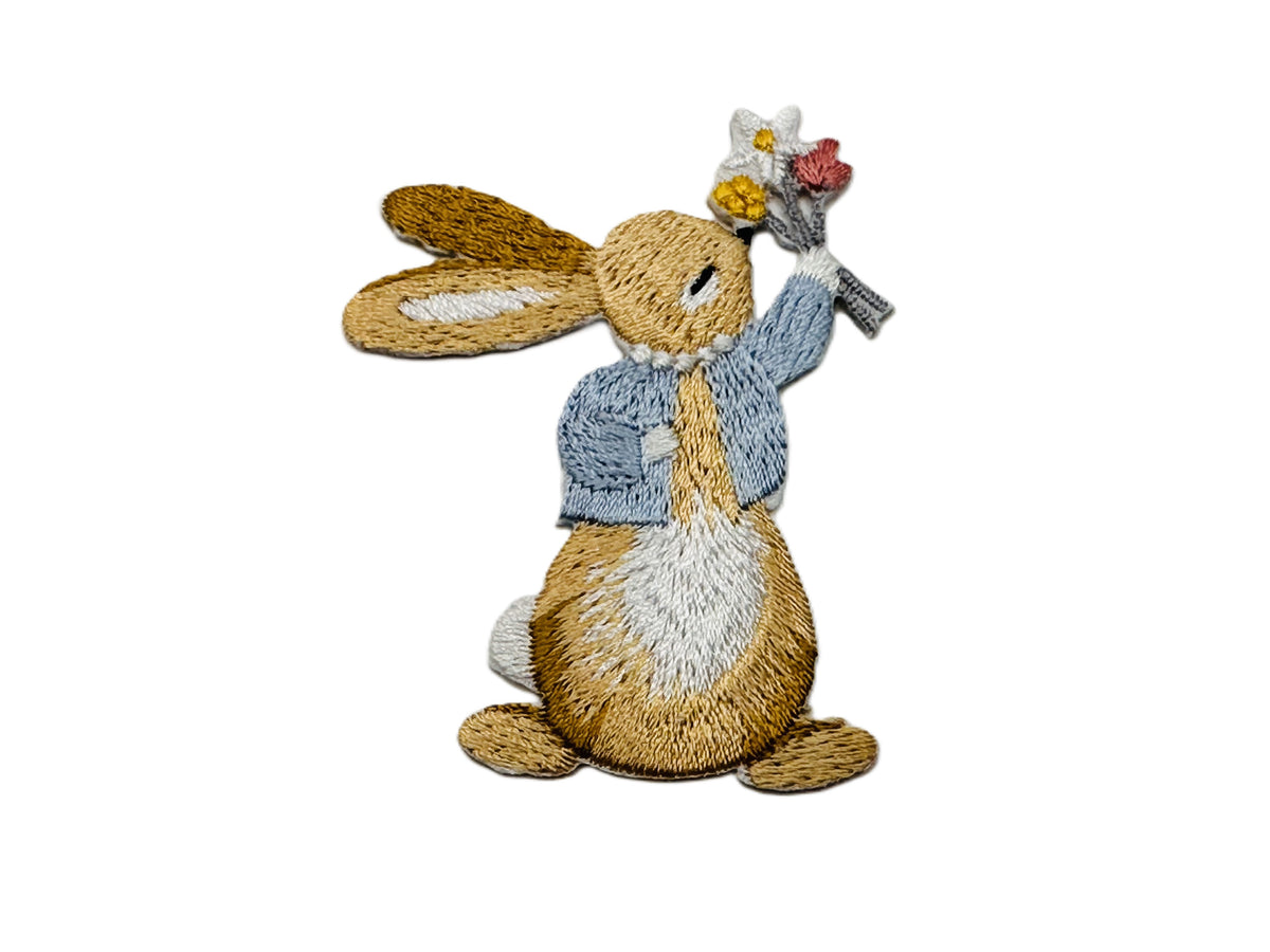 Cute Little Bunny Rabbit With Bouquet of Flowers Iron On or Sew on Embroidered Fabric Motif