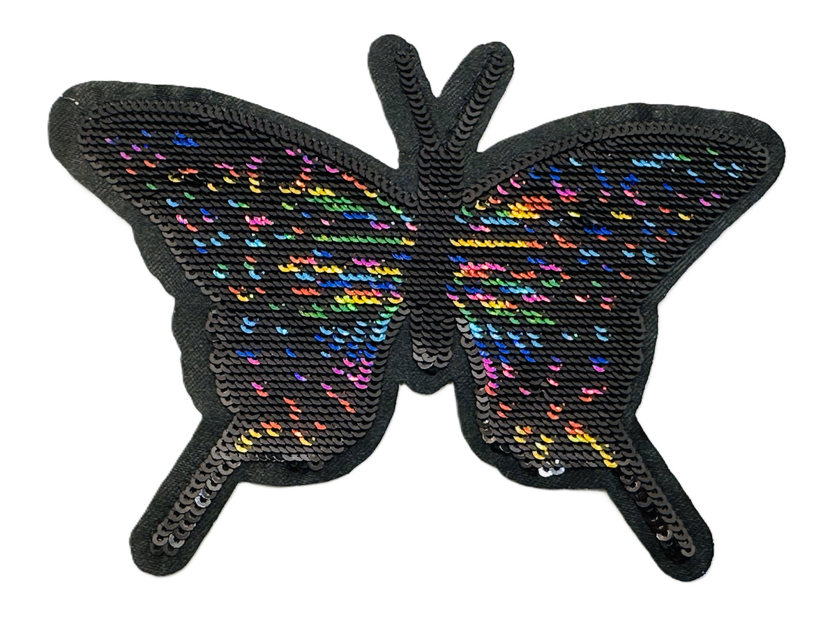 Multi Color Butterfly on Black Iron On or Sew on Embroidered Fabric Motif