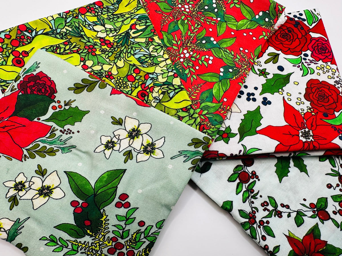 Christmas Berries Blooms &amp; Poinsettias Fat Quarter Bundle 100% Cotton