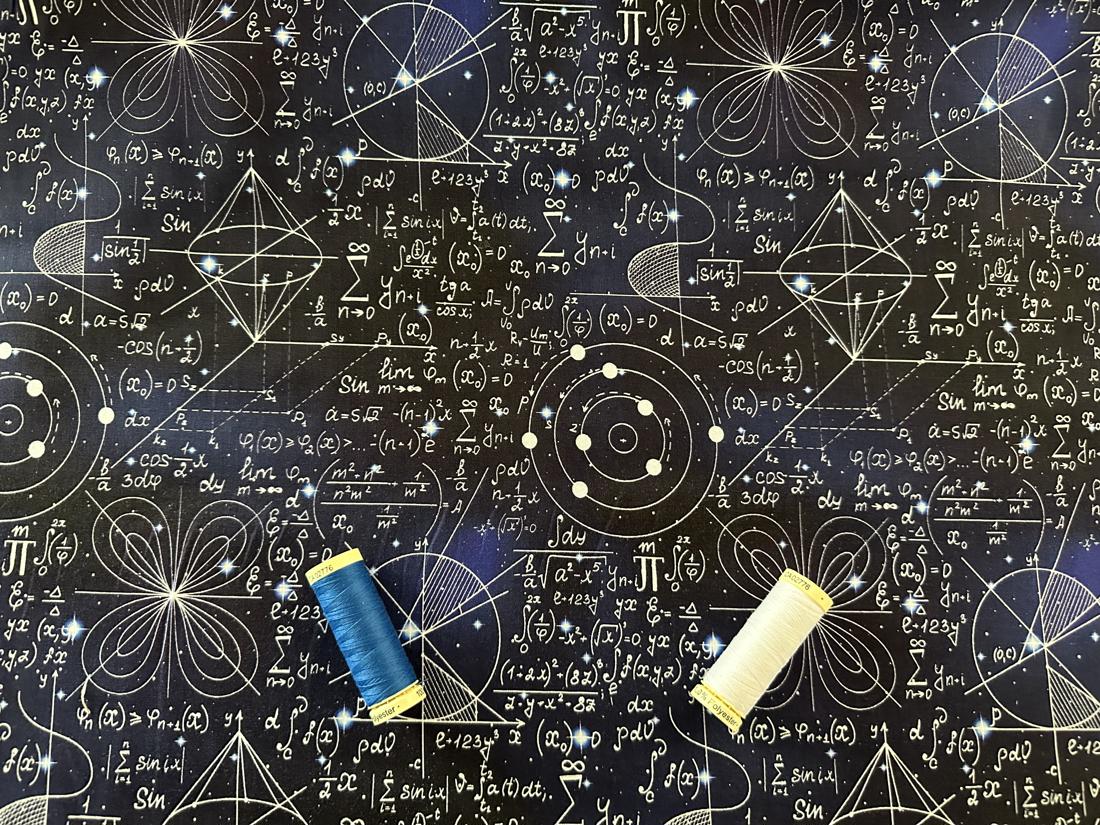School Mathematical Illustrations on a Black & Blue Background Digital Print 100% Cotton