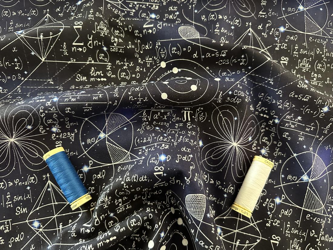 School Mathematical Illustrations on a Black &amp; Blue Background Digital Print 100% Cotton