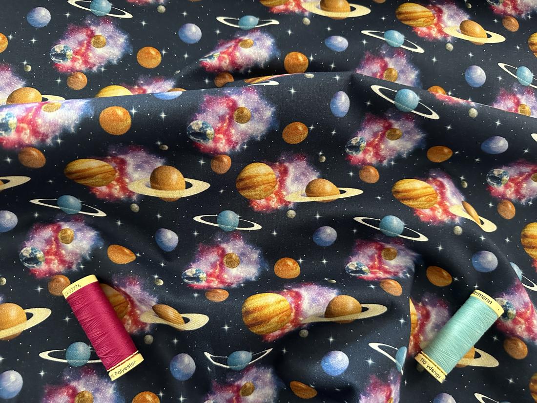 The Universe Planets Stars Bright Bold Multi Color Mix on a Navy Background Digital Print 100% Cotton