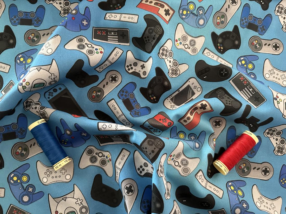 Xbox Playstation &amp; Nintendo Controllers on a Blue Background Digital Print 100% Cotton