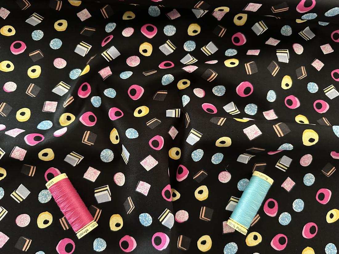 Liquorice Allsorts Bright Multi Colors on a Black Background 100 Cott