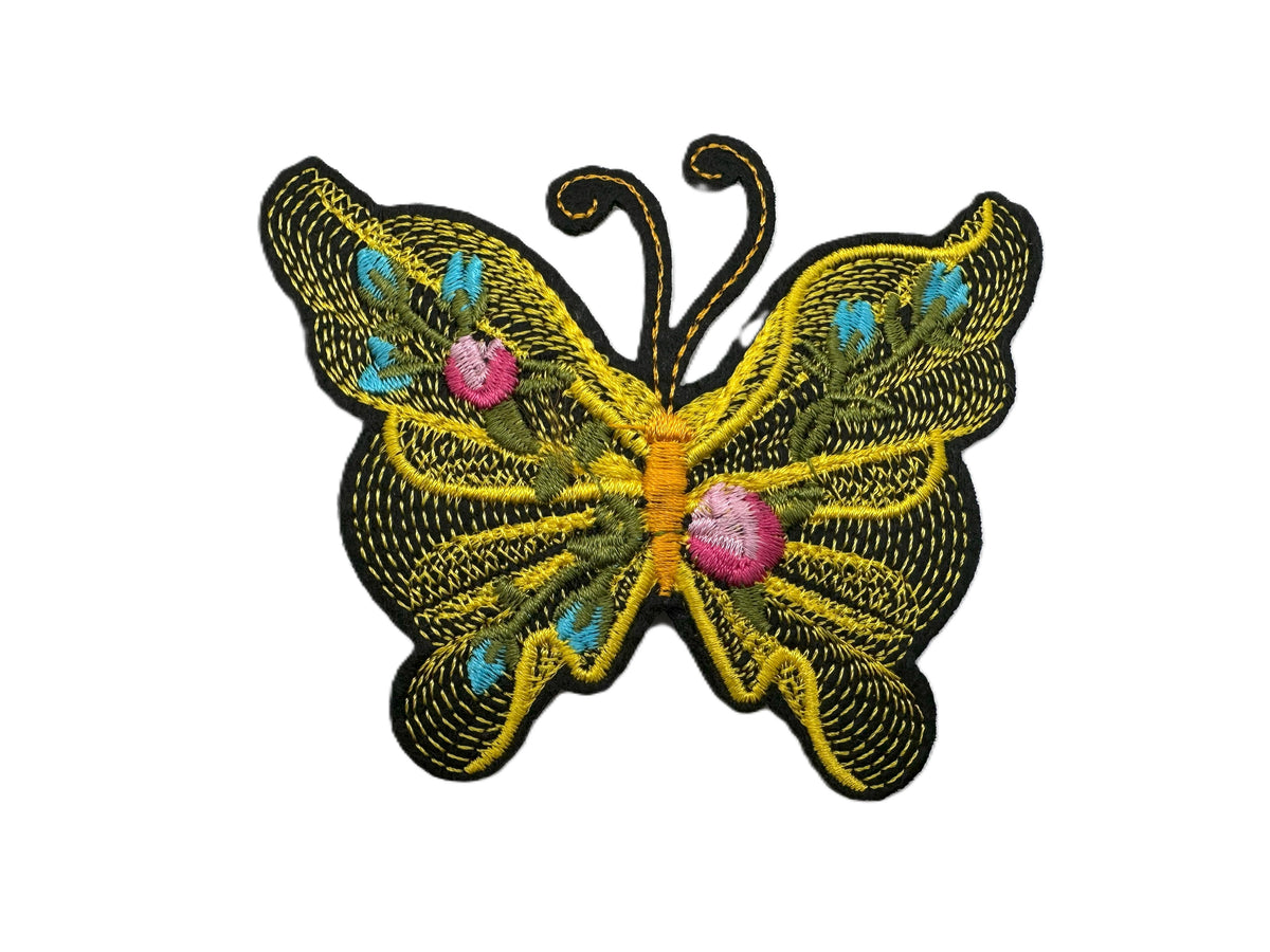 Colorful Butterfly Yellow &amp; Green Iron On or Sew on Embroidered Fabric Motif